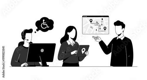 Diverse team collaborating on accessibility map project.