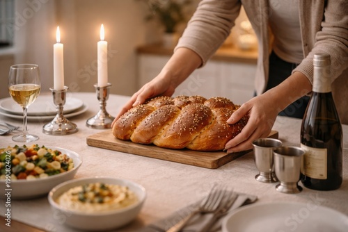 braided challah placed on a set dining table with candles and wine, warm jewish home ritual scene for shabbat dinner, family tradition, blessing, hospitality and sacred celebration