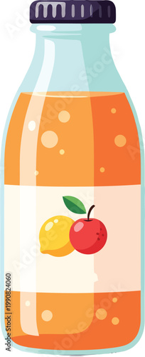 Fresh fruit juice glass bottle vector illustration, orange citrus and apple mixed drink, healthy organic beverage with lemon label design