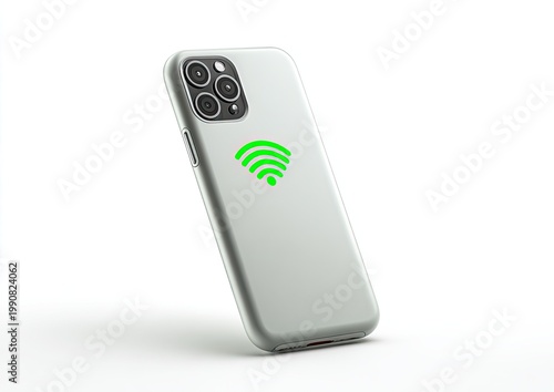 Silver smartphone with glowing green Wi-Fi symbol on back