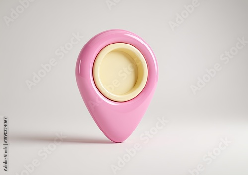 A pastel pink location pin with a yellow inset stands on a clean, neutral surface