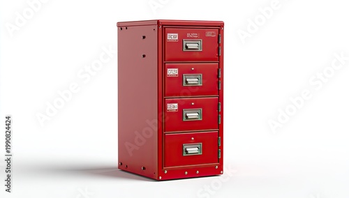 Red metal filing cabinet with four drawers and silver handles on white background