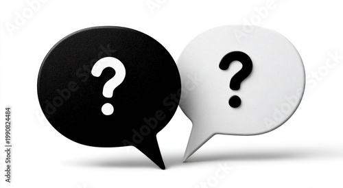 Two speech bubbles, one black, one white, with question marks