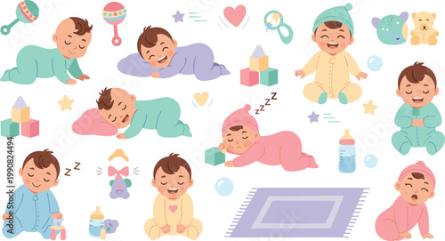 
Cute Baby Activity Character Set with Sleeping, Crawling, Sitting, Playing, and Laughing Poses for Newborn and Nursery Illustration Designs