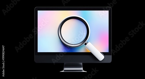 Magnifying glass over abstract colorful gradient on a dark computer screen