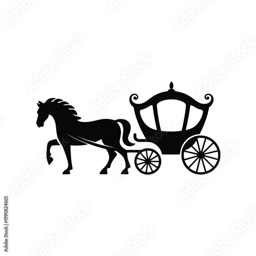 Elegant black silhouette of a horse drawn carriage in profile