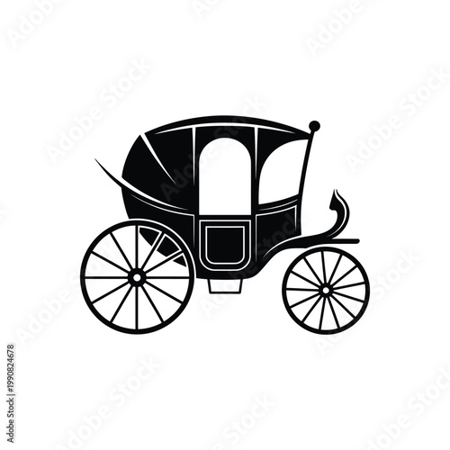 Black silhouette of a vintage horse drawn carriage with detailed wheels