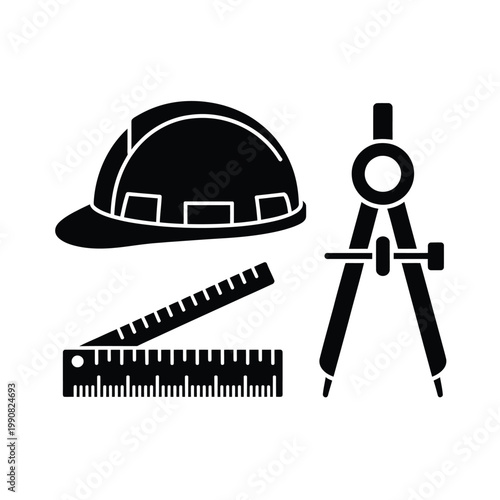 Construction tools including a hard hat compass ruler and measuring tape