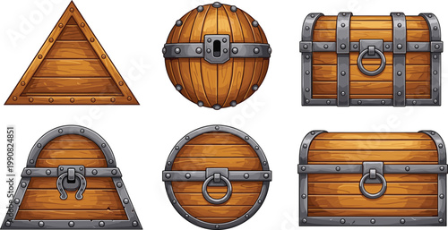 Wooden treasure chest vector set with metal frames, fantasy game storage containers collection, detailed cartoon crates and barrels isolated on white background