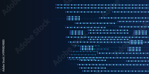 Glowing blue data code background with digital dots forming abstract lines of programming text on dark gradient, modern cybersecurity, AI and big data technology banner