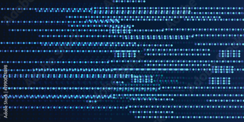 Glowing blue data code background with digital dots forming abstract lines of programming text on dark gradient, modern cybersecurity, AI and big data technology banner