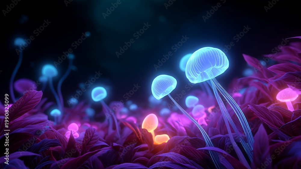Fototapeta premium Surreal neon jelly landscape with glowing mushrooms and drifting luminous spores