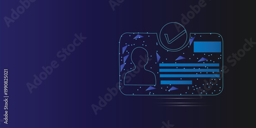 Digital identity verification background with glowing ID card icon, profile avatar and check mark on dark blue gradient, modern cybersecurity and access control concept