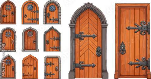 Medieval wooden doors vector set with iron hinges and stone frames, fantasy castle entrance collection, detailed cartoon architecture illustration isolated on white