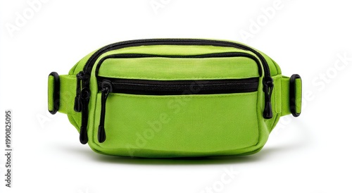 Bright green fabric waist pack with two zippered compartments and adjustable strap
