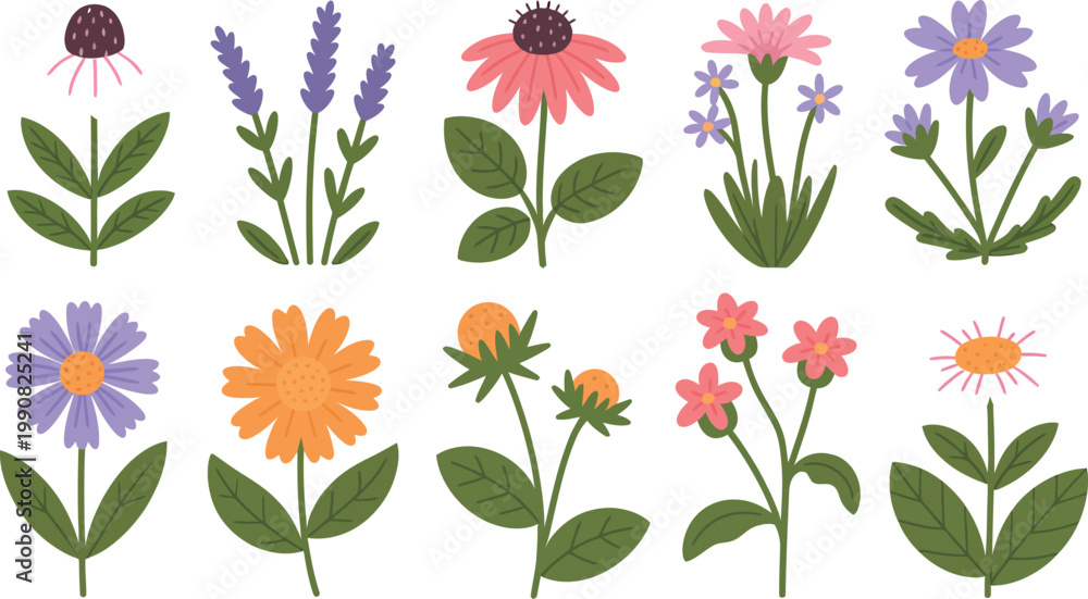Obraz premium Collection of colorful cartoon flowers and leaves on white background
