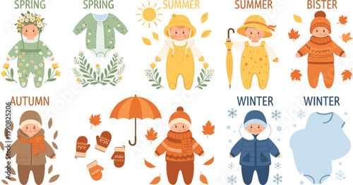 Four Seasons Baby Outfit Character Set with Spring, Summer, Autumn, and Winter Clothing for Newborn Fashion and Kids Apparel Designs