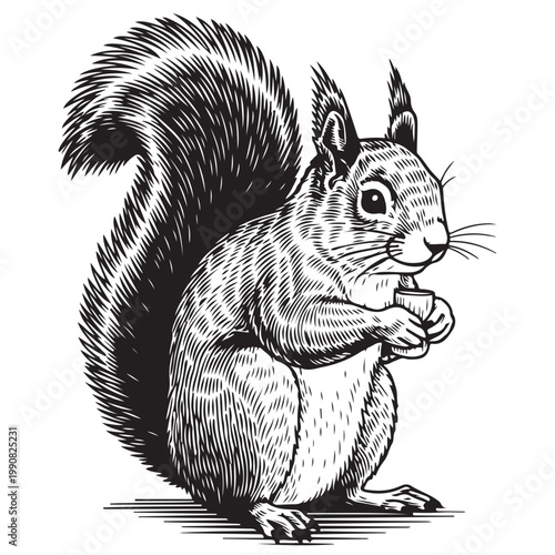 Squirrel holding an acorn in vintage woodcut engraving style vector illustration for wildlife and nature branding