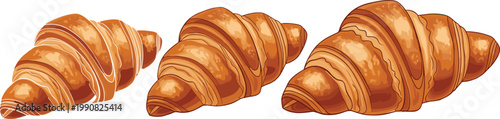 Croissant vector set with golden flaky pastries, fresh bakery bread collection, classic French breakfast illustration isolated on white background