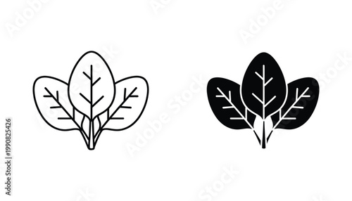 Spinach leaf vegetable icon set in outline and solid black style for healthy food culinary branding and grocery store website design elements isolated on white background for nutrition projects