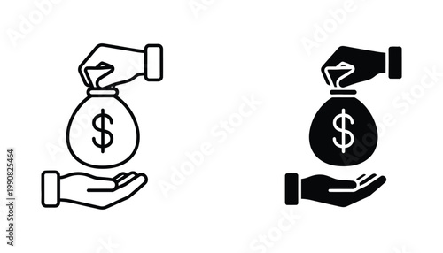Hand holding money bag icon set in outline and solid vector style for financial transactions and banking services