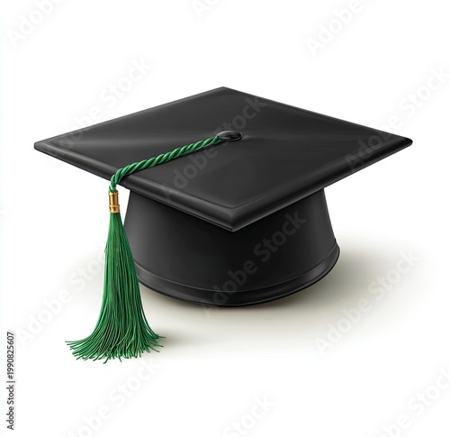 A black graduation cap with a green tassel on a white background