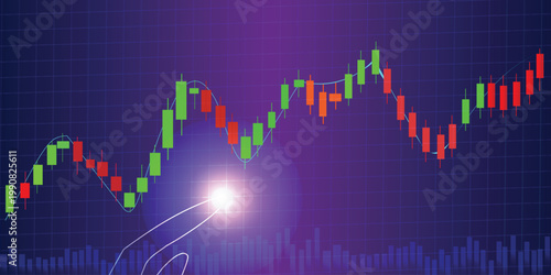 Colorful forex candlestick chart background with buy and sell signals on purple grid, modern financial trading, stock market analysis and cryptocurrency investment banner