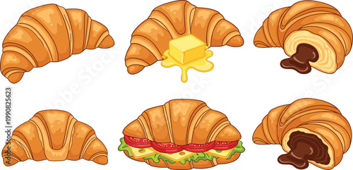 Croissant vector set with butter and chocolate fillings, fresh bakery pastries collection, delicious breakfast food illustration isolated on white background
