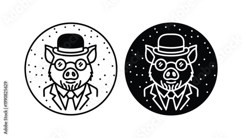 Pig wearing a bowler hat and glasses in a circular badge style vector illustration for mascot or logo design