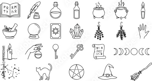 Mystical witchcraft and magic line icon set featuring potion bottles, tarot cards, crystals, cauldrons, and occult symbols in a clean minimalist style.