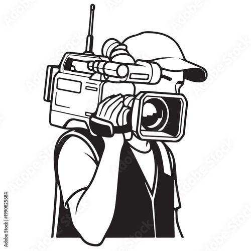 Videographer holding professional shoulder camera vector illustration for news broadcasting and film production