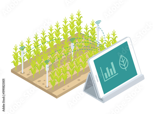 Isometric smart agriculture concept field sensors relaying crop data to a tablet, enhancing farming efficiency and sustainable yield optimization
