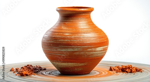 Rustic orange ceramic vase with textured clay fragments on a spinning wheel