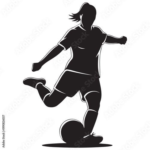 Female soccer player kicking a ball vector silhouette illustration for sports logo or athletic design