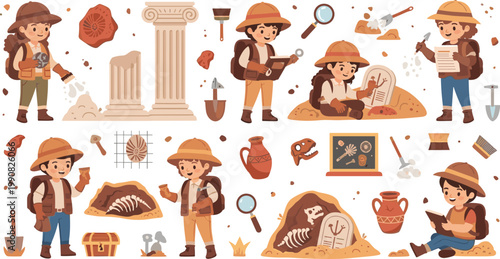 Cute Kid Archaeologist Character Set with Fossil, Ancient Ruins, Artifact, Magnifier, and Excavation Tools for History and Science Designs