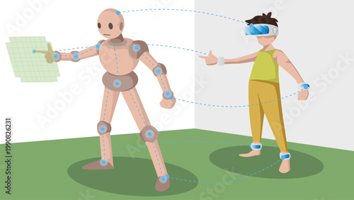 Person wearing a VR headset and motion tracking sensors remotely controls a humanoid robot. Robot mirrors the human gestures to interact with a digital interface. Showcasing advanced teleoperation.