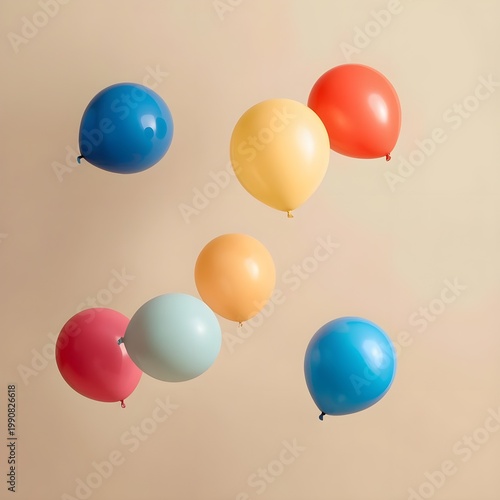 Floating colorful balloons on a neutral background 