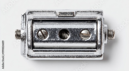 Chrome-plated metal manual pencil sharpener with screws and spiral blade