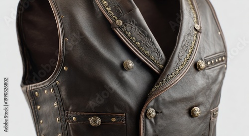 Ornate dark brown leather waistcoat with metal accents and buttons