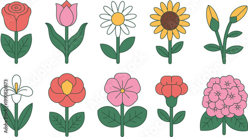 Colorful cartoon flowers and buds on white background for design