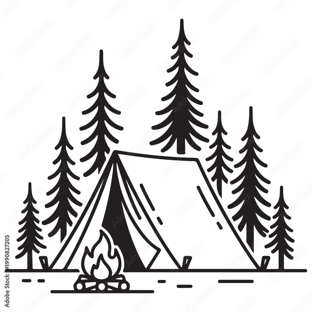 Obraz premium Minimalist camping tent and campfire in a pine forest vector illustration for outdoor adventure branding