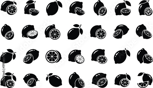 Collection of assorted fresh lemons in cartoonish flat style illustrations