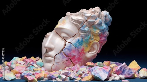 A cracked marble bust with colorful paint flowing from within, resting on a pile of matching stones