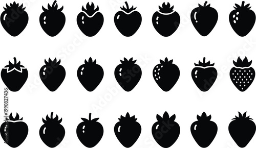 Collection of fresh strawberries in cartoonish flat style illustrations