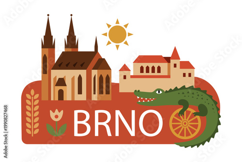 Brno folk city sticker. Czech landmark flat vector badge
