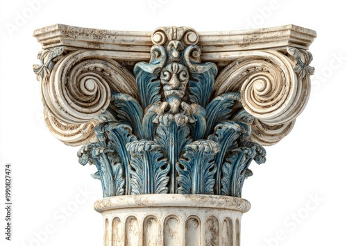 Ornate architectural capital with acanthus leaves, volutes, and a grotesque face