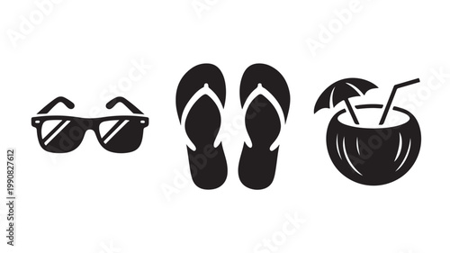 Beach essentials in one frame with sunglasses flip flops and cocktail for summer vacation concepts