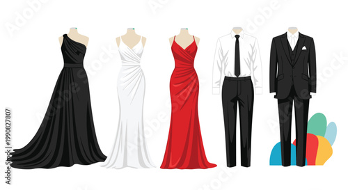 Selection of elegant formal fashion includes beautiful evening gowns in various colors and classic men suits displayed on mannequins for a shop.