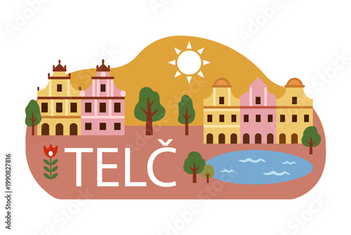 Telč historic town sticker. Czech folk travel flat vector