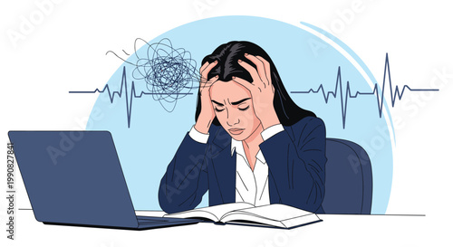 Stressed corporate businesswoman sits at her desk with head in hands while dealing with a heavy workload, laptop, and mental exhaustion from work.